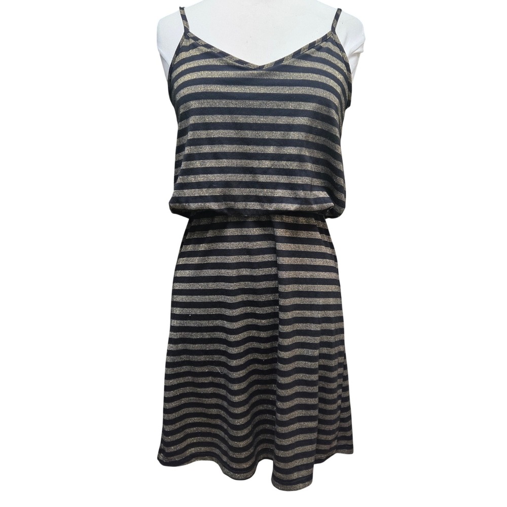 Jonathan Martin Sleeveless Blouson Dress Black and Shimmering Gold Stripe Size S